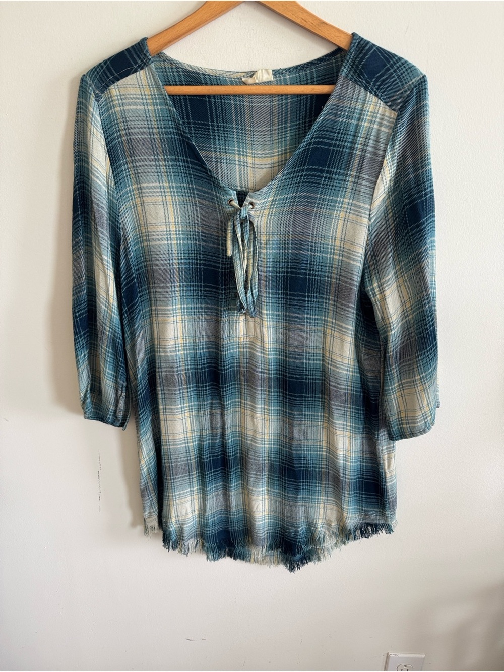 Natural life blue plaid 3/4 sleeve lace up tunic top size large